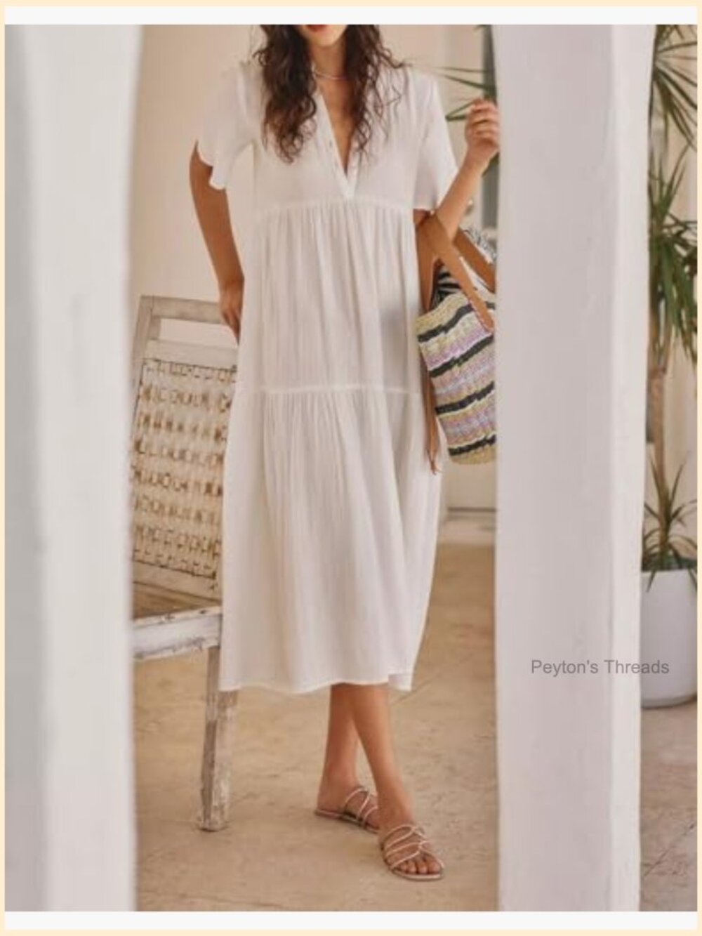 100% Cotton Flowy Maxi Dress Short Sleeve V Neck Tiered Ruffle Boho Casual Loose - Picture 3 of 7